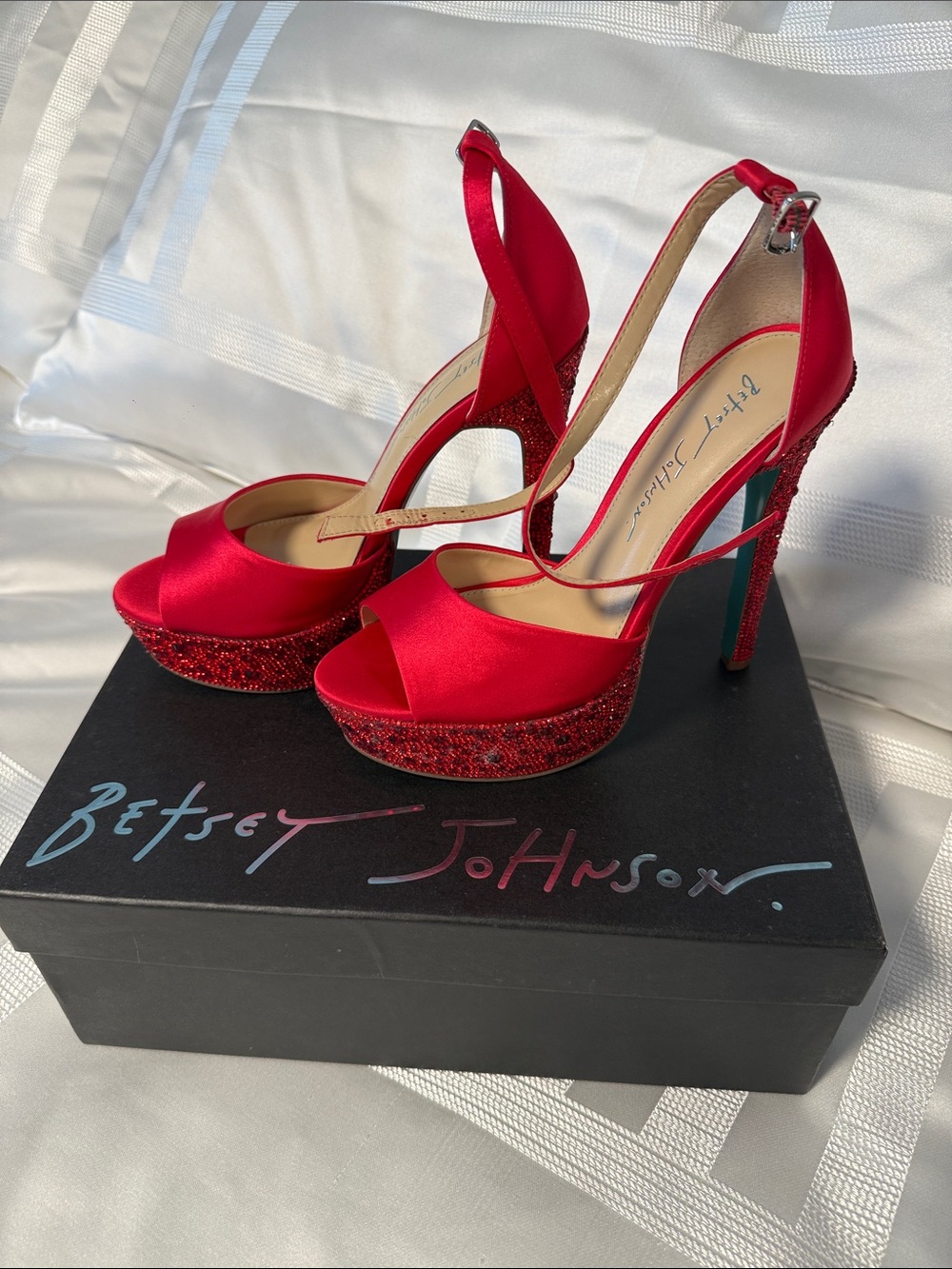 Betsey Johnson Red Satin Platform High-Heel Sandals